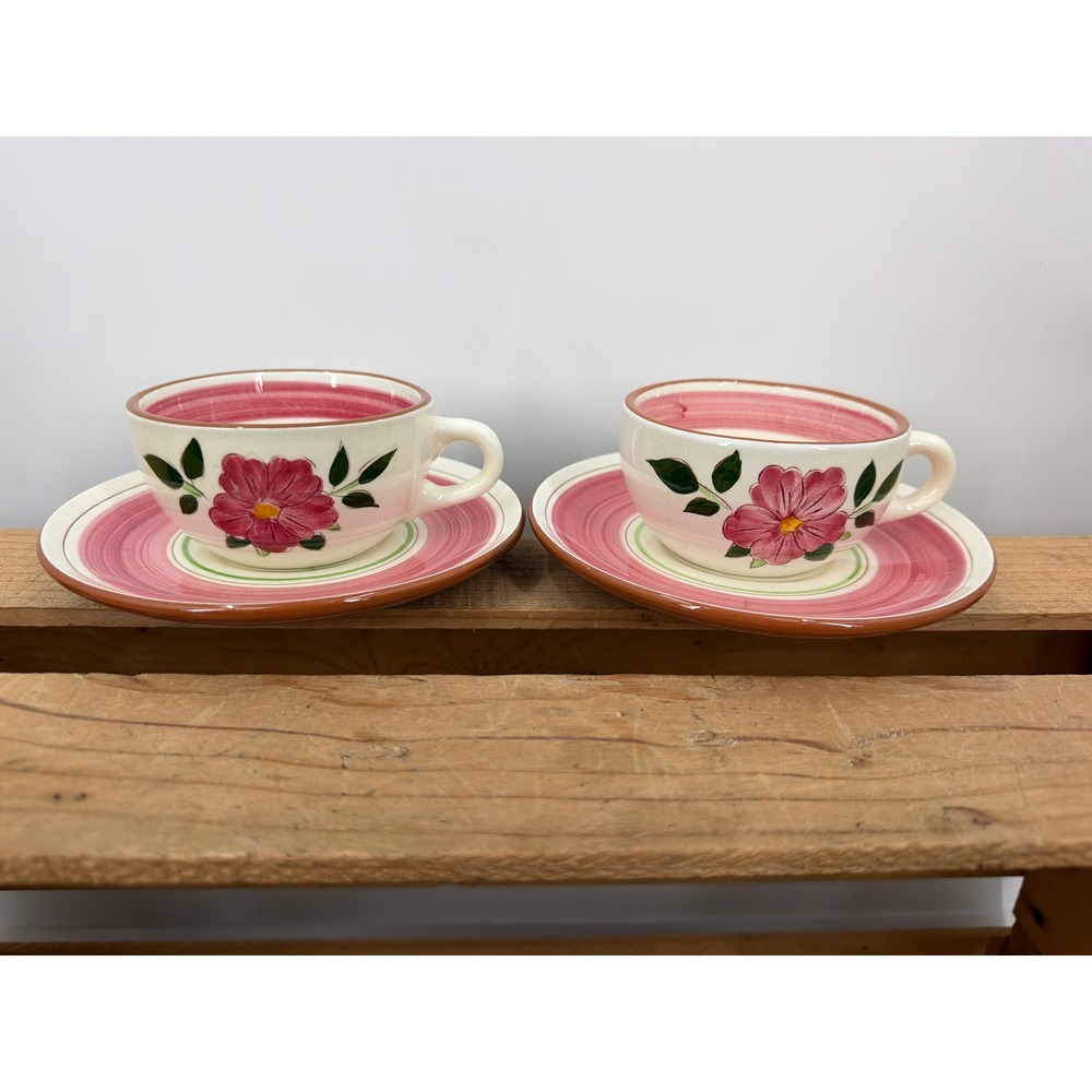 Stangl Pottery Wild Rose Tea Cup and Saucer Set of 2 Pink Floral Vintage Ceramic